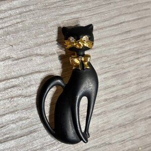 Vintage Cat Brooch Black Matte Enamel Rhinestone on Bowtie Figural MCM Pin